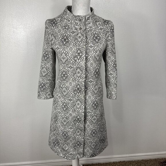 Zara Women's S Longline Brocade 3/4 Sleeve Coat Jacket B&W Silver Wool Blend - Picture 3 of 12